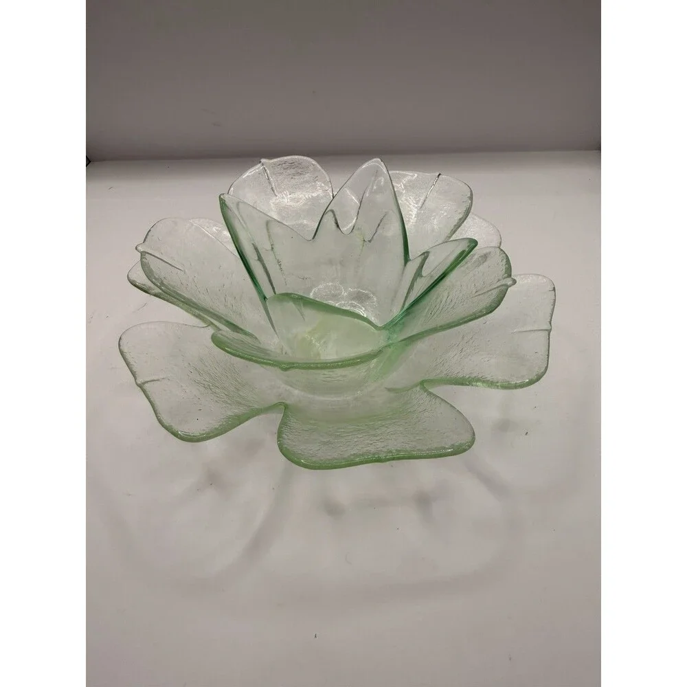 Vintage Green Glass Flower Lotus Votive Teal Light Candle Holder Dish 7”